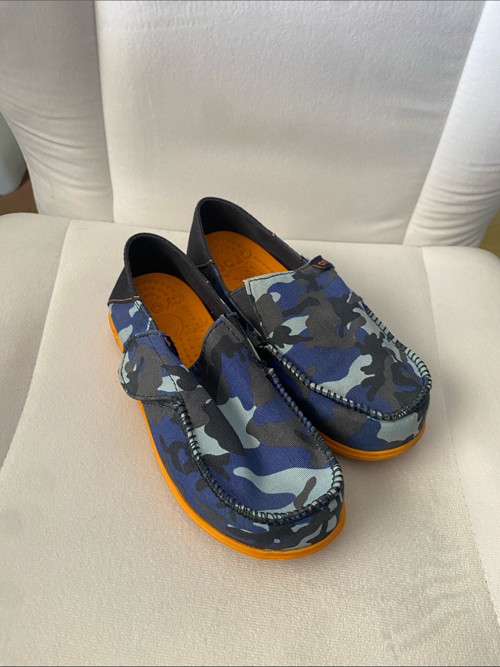 CROCS Kids Blue & Black Camouflage Slip-On Shoes with Orange Soles